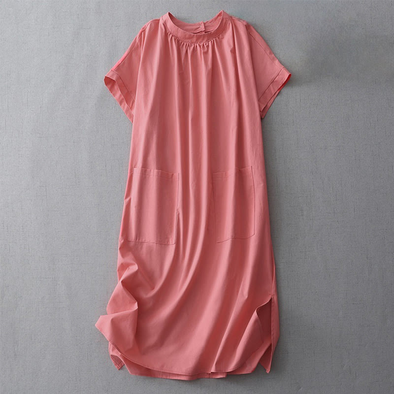 Sukienka midi z kolekcji Buddha Stones w swobodnym, czystym kolorze, z guzikami z tyłu, okrągłym dekoltem, krótkim rękawem, bawełną i lnem, z kieszeniami - Pomidor - US14, UK/AU18, EU46 (2XL) - image 5