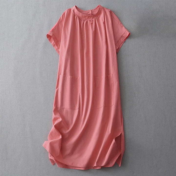 Sukienka midi z kolekcji Buddha Stones w swobodnym, czystym kolorze, z guzikami z tyłu, okrągłym dekoltem, krótkim rękawem, bawełną i lnem, z kieszeniami - Pomidor - US14, UK/AU18, EU46 (2XL) - image 5