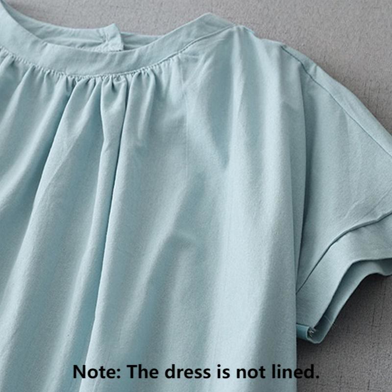 Sukienka midi z kolekcji Buddha Stones w swobodnym, czystym kolorze, z guzikami z tyłu, okrągłym dekoltem, krótkim rękawem, bawełną i lnem, z kieszeniami - image 1