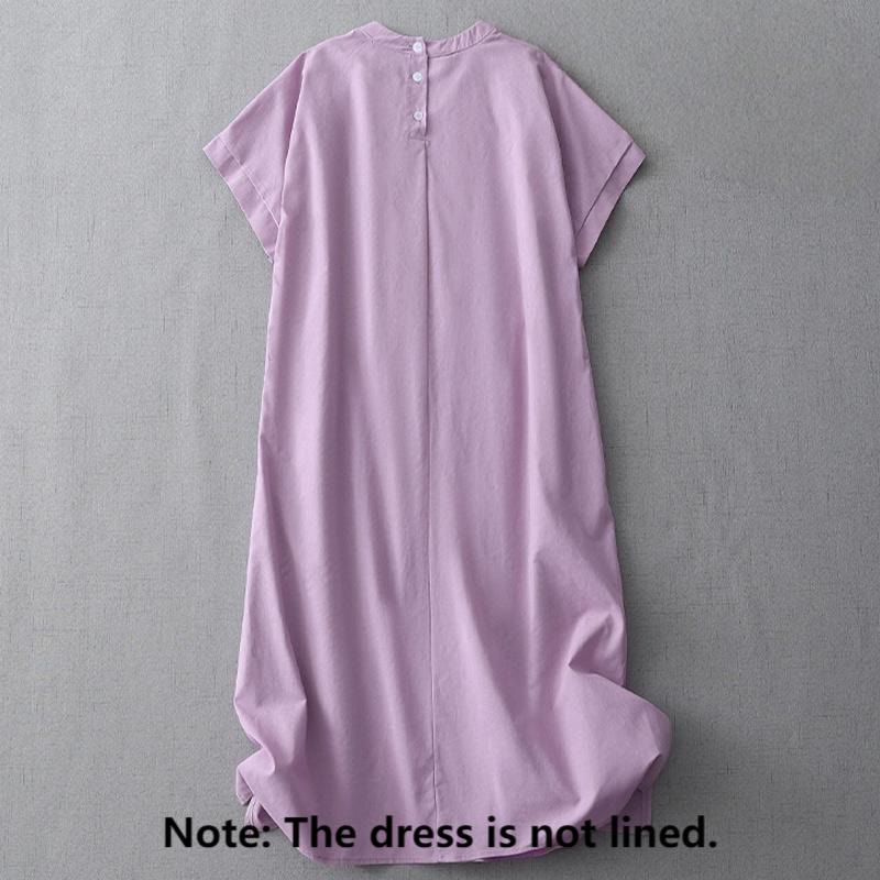 Sukienka midi z kolekcji Buddha Stones w swobodnym, czystym kolorze, z guzikami z tyłu, okrągłym dekoltem, krótkim rękawem, bawełną i lnem, z kieszeniami - image 17