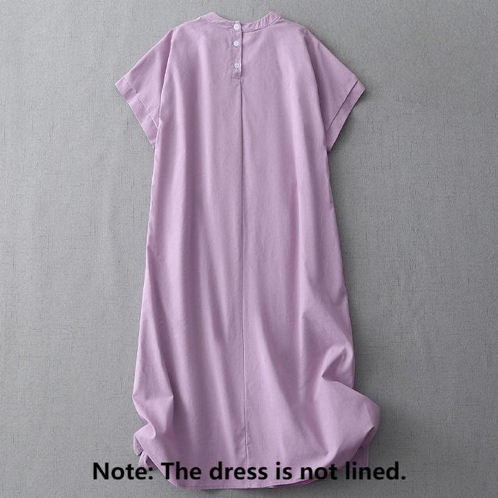 Sukienka midi z kolekcji Buddha Stones w swobodnym, czystym kolorze, z guzikami z tyłu, okrągłym dekoltem, krótkim rękawem, bawełną i lnem, z kieszeniami - image 17