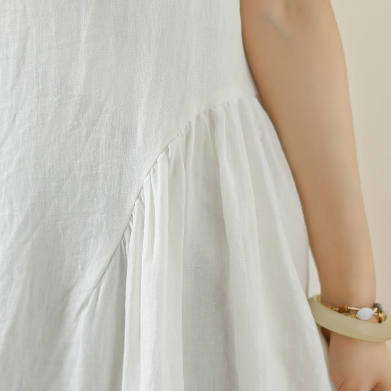 Sukienka midi z bawełny Buddha Stones w kwiaty, w kolorze białym, z guzikami z tyłu i kieszeniami, bez rękawów - image 9