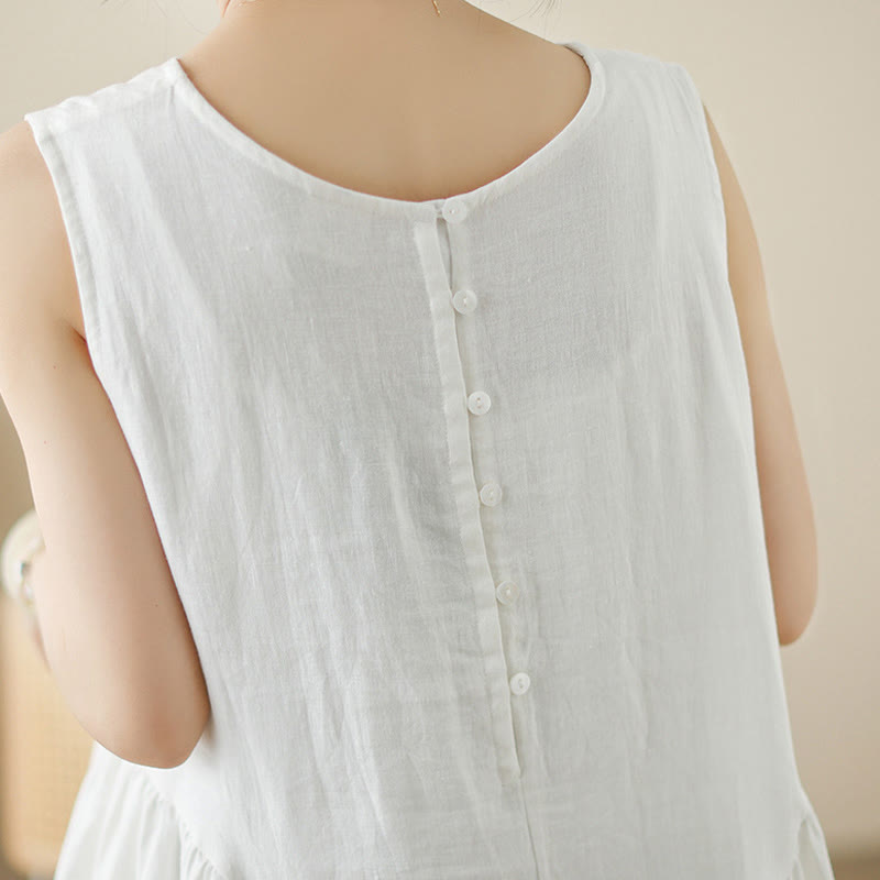 Sukienka midi z bawełny Buddha Stones w kwiaty, w kolorze białym, z guzikami z tyłu i kieszeniami, bez rękawów - image 7