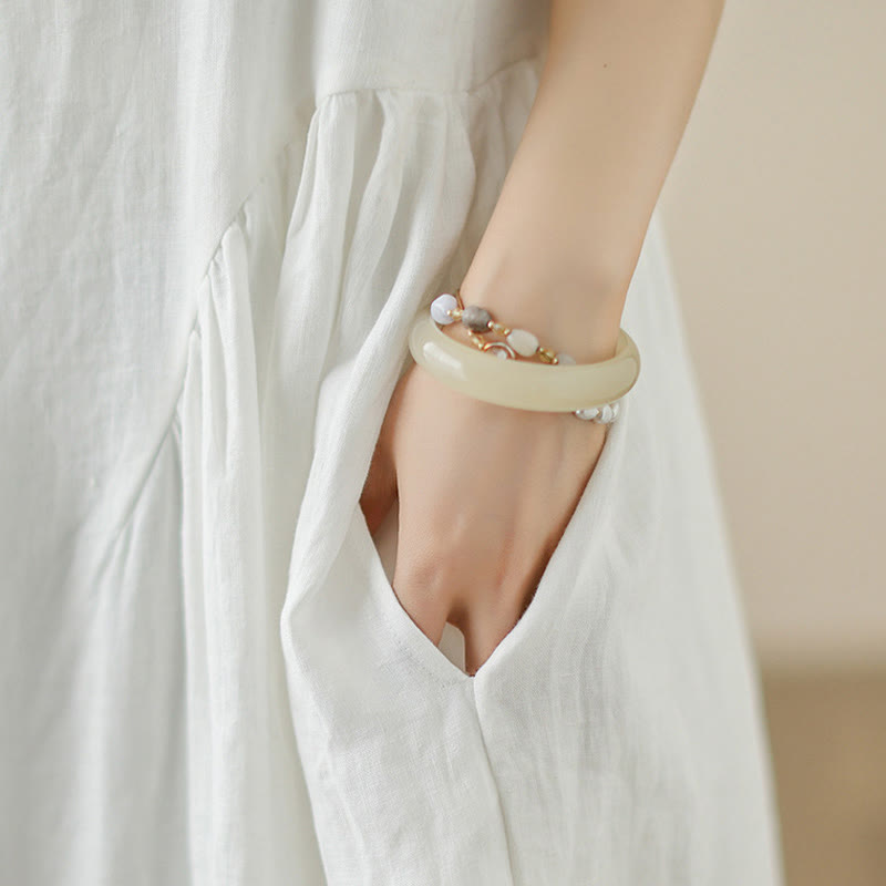 Sukienka midi z bawełny Buddha Stones w kwiaty, w kolorze białym, z guzikami z tyłu i kieszeniami, bez rękawów - image 8