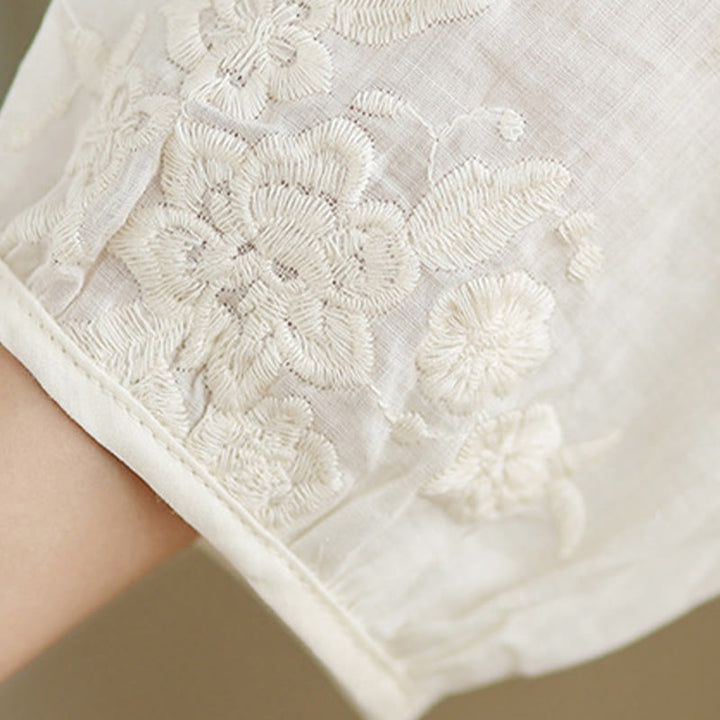 Sukienka midi z bawełny i lnu z motywem Buddha Stones w kolorze beżowym, z haftem i rękawami trzy czwarte, z kieszeniami - image 9