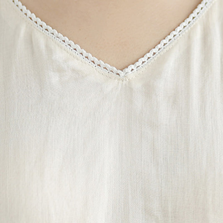 Sukienka midi z bawełny i lnu z motywem Buddha Stones w kolorze beżowym, z haftem i rękawami trzy czwarte, z kieszeniami - image 7