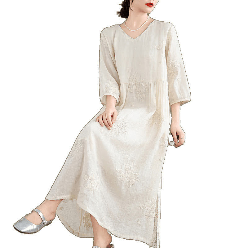 Sukienka midi z bawełny i lnu z motywem Buddha Stones w kolorze beżowym, z haftem i rękawami trzy czwarte, z kieszeniami - image 11