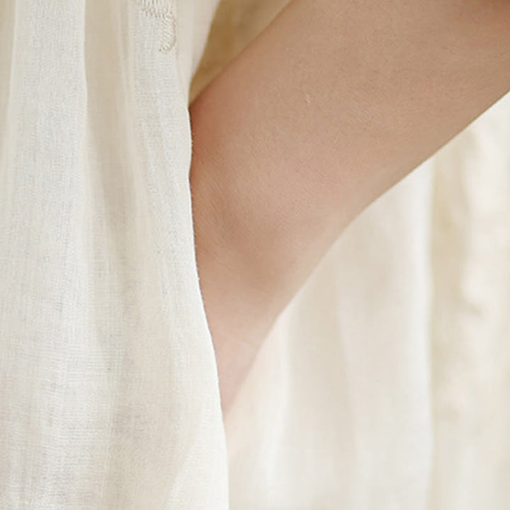 Sukienka midi z bawełny i lnu z motywem Buddha Stones w kolorze beżowym, z haftem i rękawami trzy czwarte, z kieszeniami - image 8