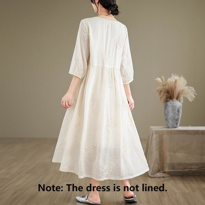 Sukienka midi z bawełny i lnu z motywem Buddha Stones w kolorze beżowym, z haftem i rękawami trzy czwarte, z kieszeniami - image 1