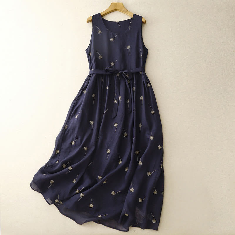 Sukienka midi z bawełny Buddha Stones MidnightBlue z nadrukiem, sznurowaniem i kieszeniami, bez rękawów - MidnightBlue - US8-10，UK/AU12-14，EU40-42 (2XL) - image 0