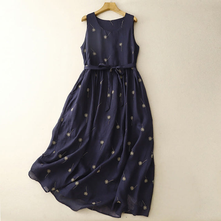 Sukienka midi z bawełny Buddha Stones MidnightBlue z nadrukiem, sznurowaniem i kieszeniami, bez rękawów - MidnightBlue - US8-10，UK/AU12-14，EU40-42 (2XL) - image 0