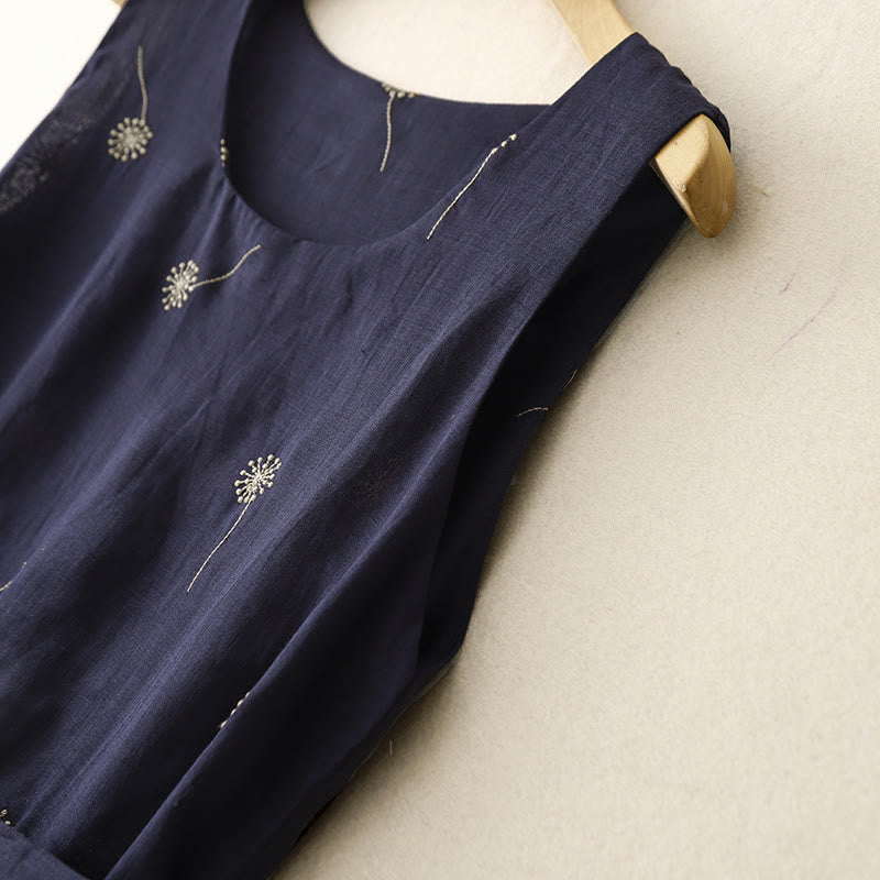 Sukienka midi z bawełny Buddha Stones MidnightBlue z nadrukiem, sznurowaniem i kieszeniami, bez rękawów - image 3