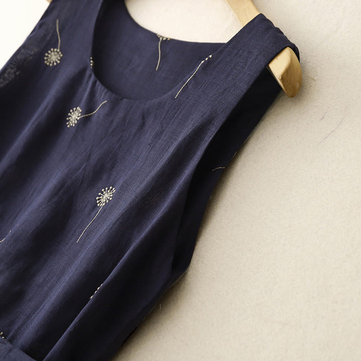 Sukienka midi z bawełny Buddha Stones MidnightBlue z nadrukiem, sznurowaniem i kieszeniami, bez rękawów - image 3