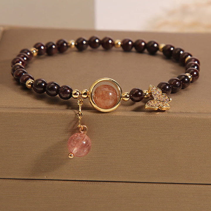 Buddha Stones Naturalne 3mm Ultra-cienki Granat Truskawkowy Kwarc Motyl Spokojna Bransoletka