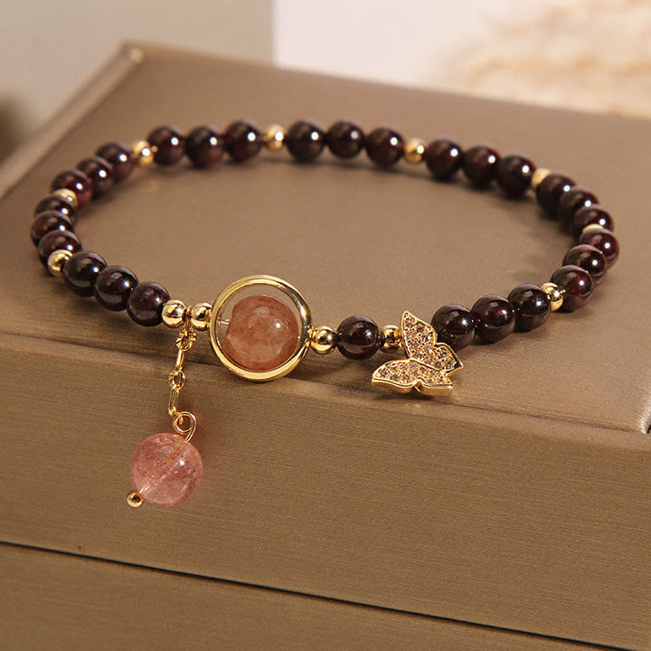 Buddha Stones Naturalne 3mm Ultra-cienki Granat Truskawkowy Kwarc Motyl Spokojna Bransoletka
