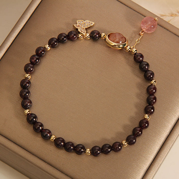 Buddha Stones Naturalne 3mm Ultra-cienki Granat Truskawkowy Kwarc Motyl Spokojna Bransoletka