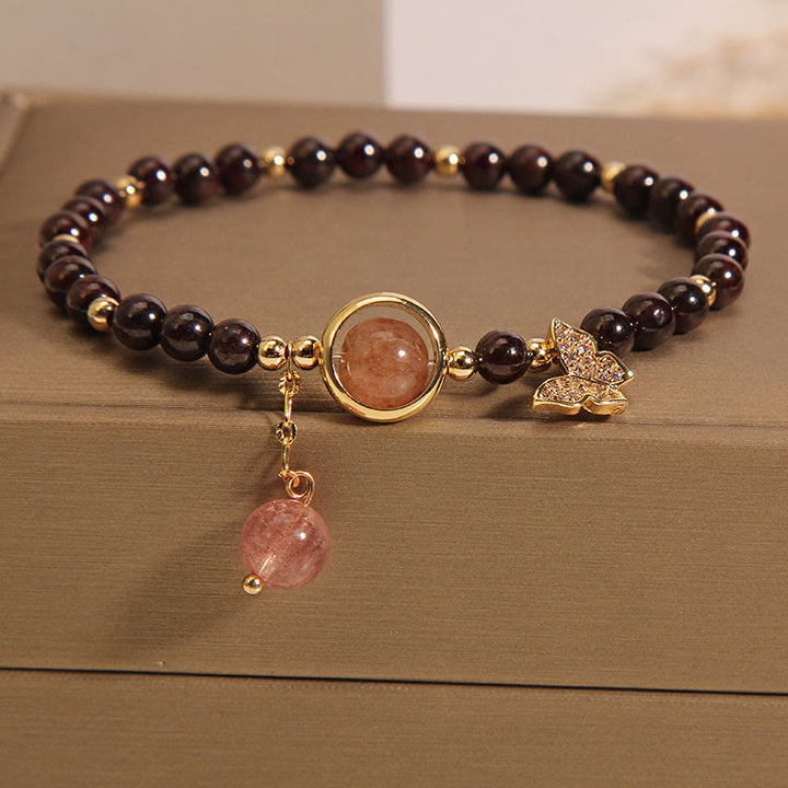 Buddha Stones Naturalne 3mm Ultra-cienki Granat Truskawkowy Kwarc Motyl Spokojna Bransoletka