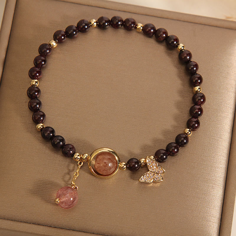 Buddha Stones Naturalne 3mm Ultra-cienki Granat Truskawkowy Kwarc Motyl Spokojna Bransoletka