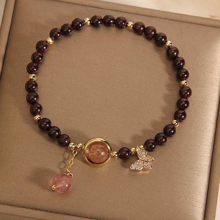 Buddha Stones Naturalne 3mm Ultra-cienki Granat Truskawkowy Kwarc Motyl Spokojna Bransoletka