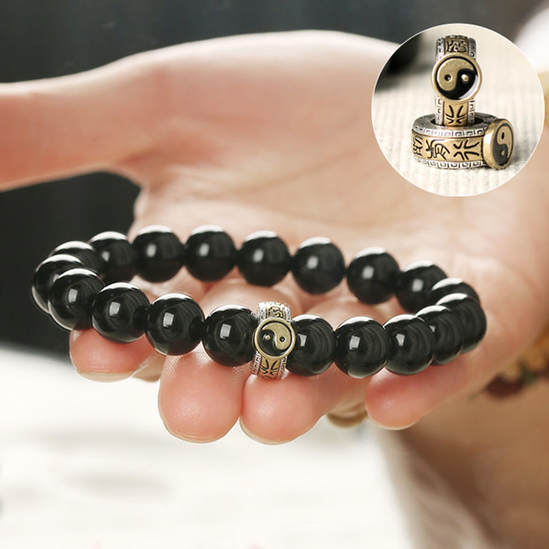 Bransoletka Buddha Stones Black Obsidian Yin Yang Nine-Character Mantra Fulfilment
