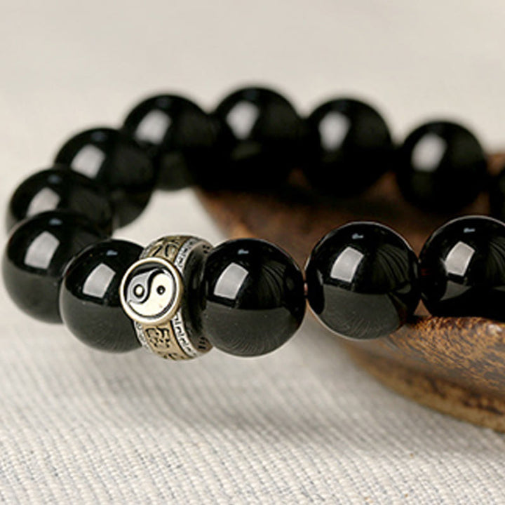 Bransoletka Buddha Stones Black Obsidian Yin Yang Nine-Character Mantra Fulfilment