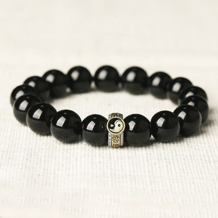 Bransoletka Buddha Stones Black Obsidian Yin Yang Nine-Character Mantra Fulfilment