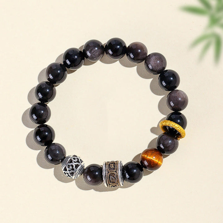 Bransoletka ochronna z Buddha Stones w kolorze srebrnym, obsydianem i tygrysim okiem Om Mani Padme Hum