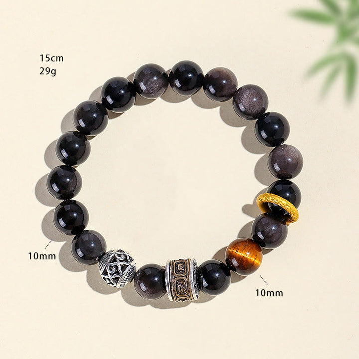 Bransoletka ochronna z Buddha Stones w kolorze srebrnym, obsydianem i tygrysim okiem Om Mani Padme Hum