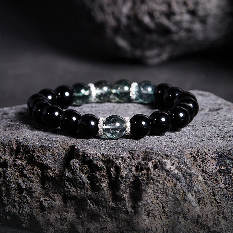 Bransoletka Buddha Stones 925 Sterling Silver Black Obsidian Green Phantom Strength - Czarny obsydian (obwód nadgarstka: 14-16 cm) - image 0