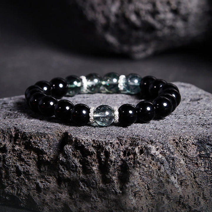 Bransoletka Buddha Stones 925 Sterling Silver Black Obsidian Green Phantom Strength - Czarny obsydian (obwód nadgarstka: 14-16 cm) - image 0