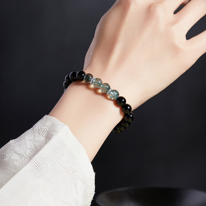 Bransoletka Buddha Stones 925 Sterling Silver Black Obsidian Green Phantom Strength