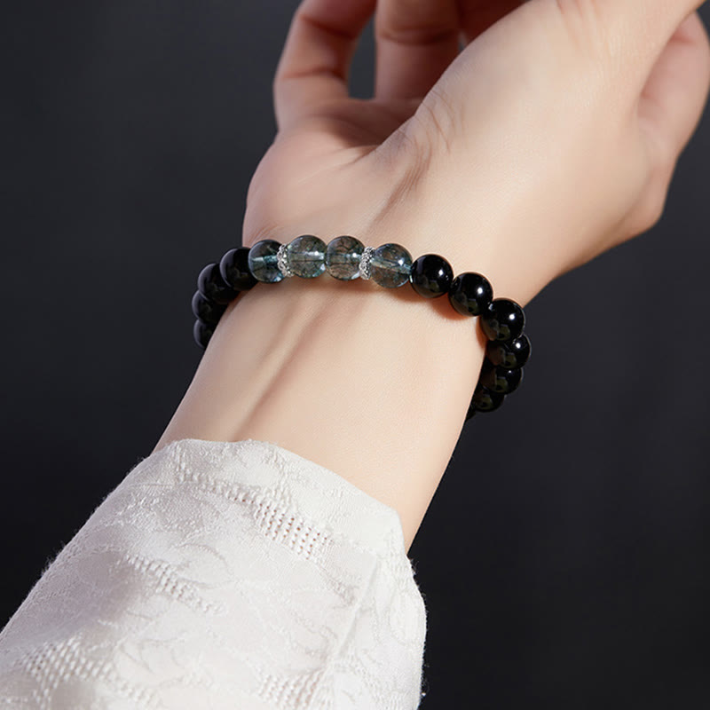 Bransoletka Buddha Stones 925 Sterling Silver Black Obsidian Green Phantom Strength