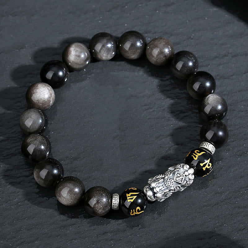 Buddha Stones 999 Srebro Sterlingowe PiXiu Naturalna Bransoletka Siły z Czarnego Obsydianu