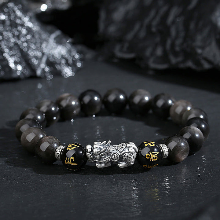 Buddha Stones 999 Srebro Sterlingowe PiXiu Naturalna Bransoletka Siły z Czarnego Obsydianu