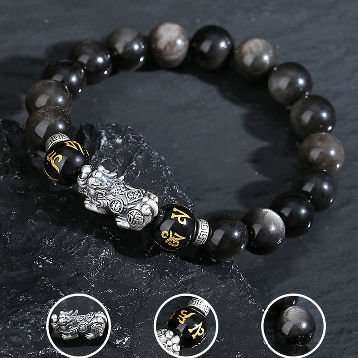 Buddha Stones 999 Srebro Sterlingowe PiXiu Naturalna Bransoletka Siły z Czarnego Obsydianu