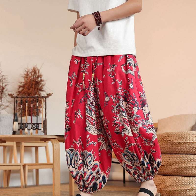 Spodnie męskie haremowe do kostek z nadrukiem smoka z Buddha Stones z bawełny i kieszeniami - Czerwony - US/UK/AU46， EU56 (5XL) - image 11