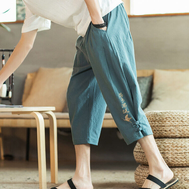 Kamienie Buddha Stones Haft Bawełna Męskie Spodnie Harem Skrócone Z Kieszeniami - CadetBlue - US/UK/AU46， EU56 (5XL) - image 0