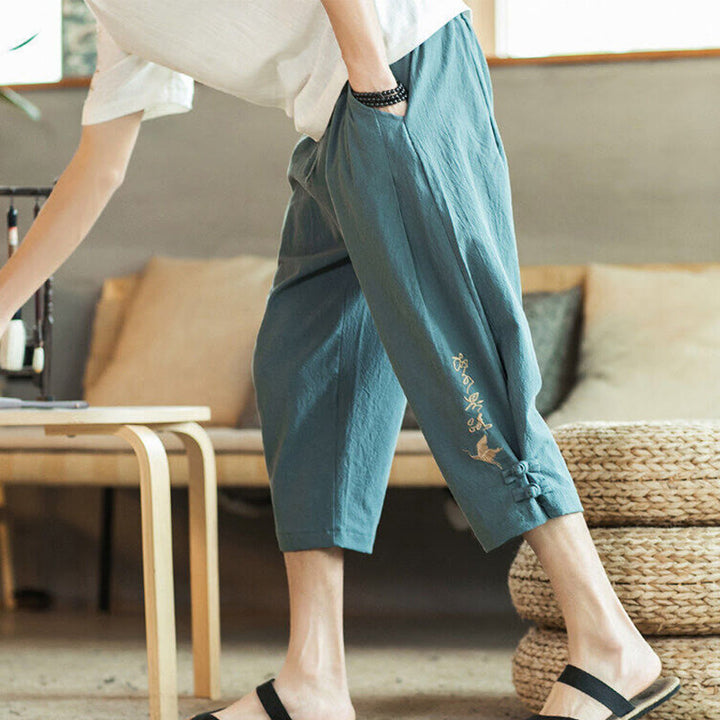 Kamienie Buddha Stones Haft Bawełna Męskie Spodnie Harem Skrócone Z Kieszeniami - CadetBlue - US/UK/AU46， EU56 (5XL) - image 0