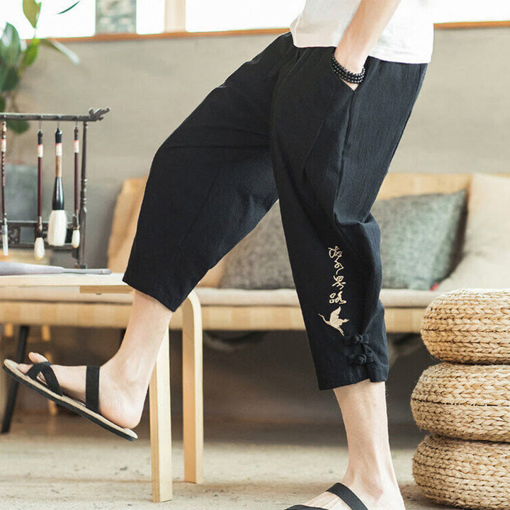 Kamienie Buddha Stones Haft Bawełna Męskie Spodnie Harem Skrócone Z Kieszeniami - Czarny - US/UK/AU46， EU56 (5XL) - image 22