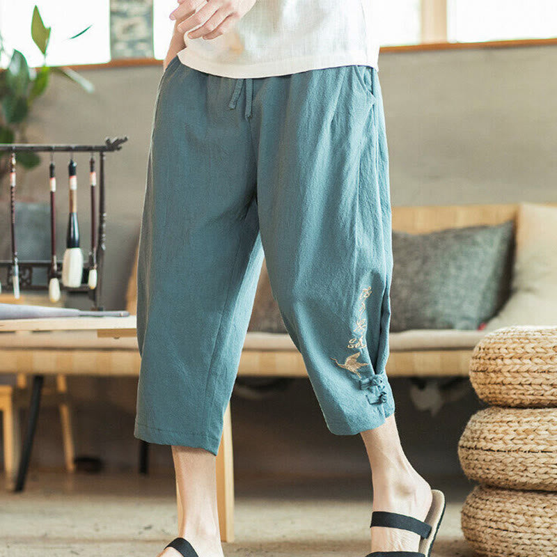 Kamienie Buddha Stones Haft Bawełna Męskie Spodnie Harem Skrócone Z Kieszeniami - image 1