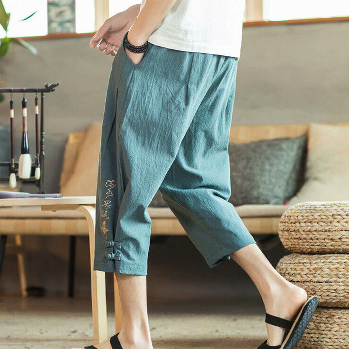 Kamienie Buddha Stones Haft Bawełna Męskie Spodnie Harem Skrócone Z Kieszeniami - image 3