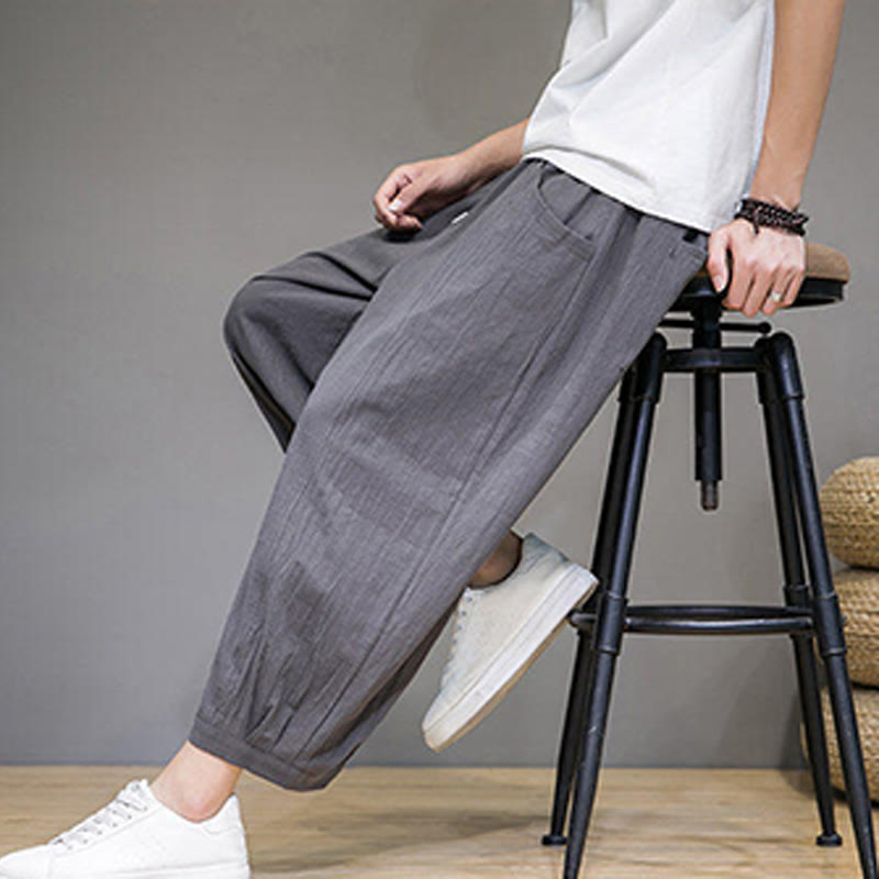 Buddha Stones Proste bawełniane męskie spodnie Capri Harem z kieszeniami - image 8