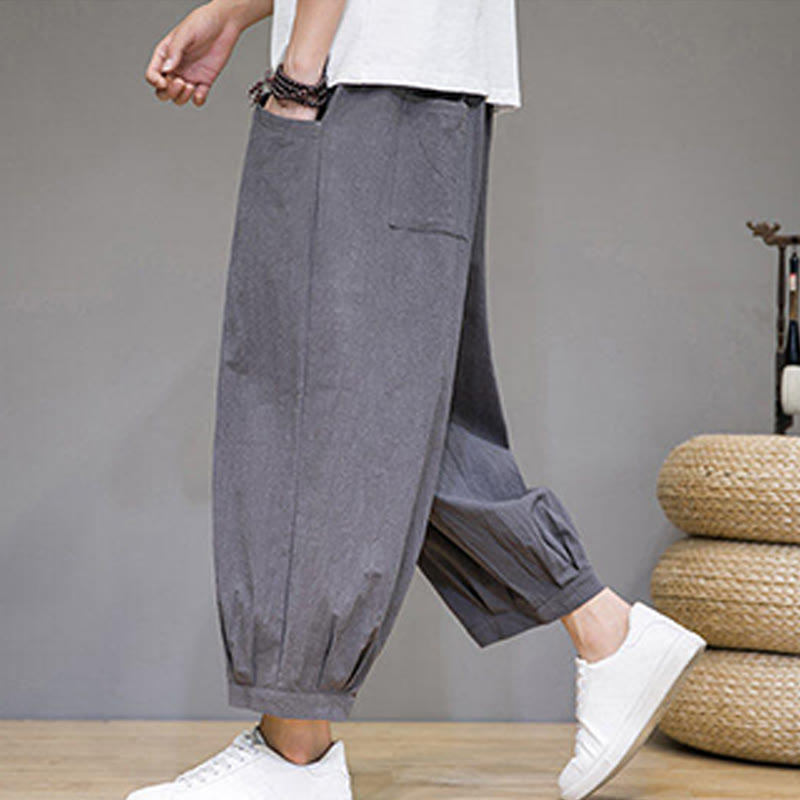 Buddha Stones Proste bawełniane męskie spodnie Capri Harem z kieszeniami - image 5