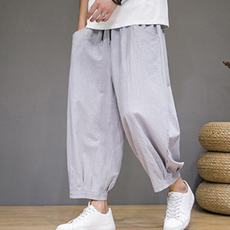 Buddha Stones Proste bawełniane męskie spodnie Capri Harem z kieszeniami - image 15