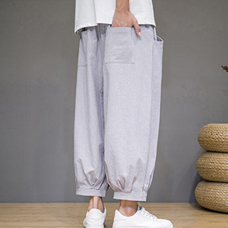 Buddha Stones Proste bawełniane męskie spodnie Capri Harem z kieszeniami - image 12