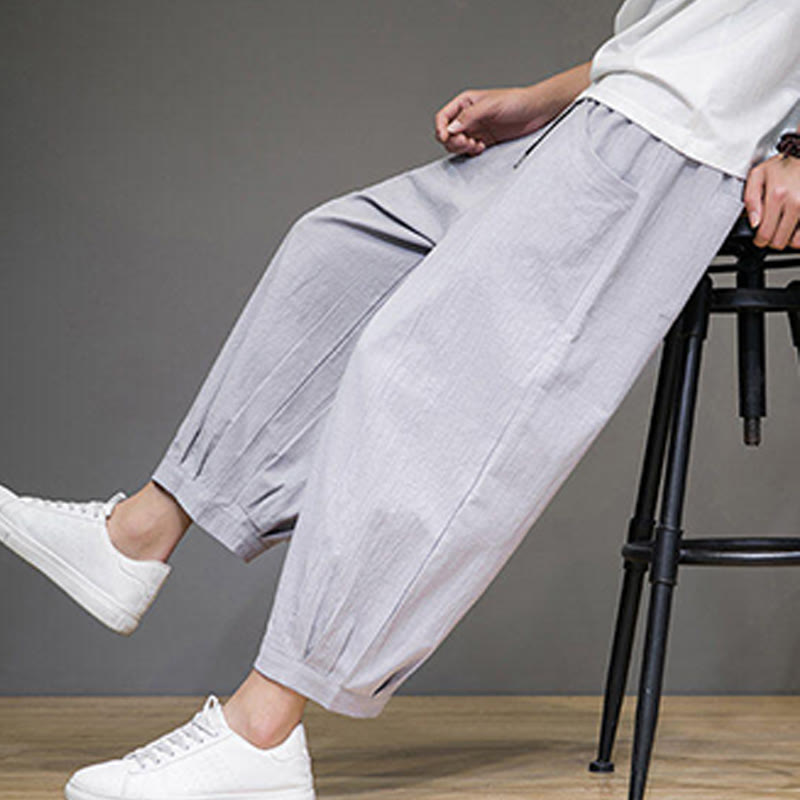 Buddha Stones Proste bawełniane męskie spodnie Capri Harem z kieszeniami - image 18
