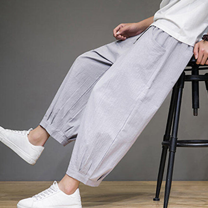Buddha Stones Proste bawełniane męskie spodnie Capri Harem z kieszeniami - image 18
