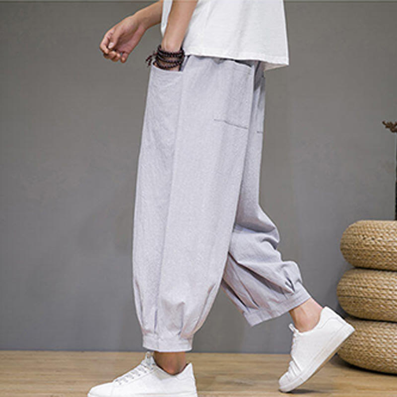 Buddha Stones Proste bawełniane męskie spodnie Capri Harem z kieszeniami - image 14