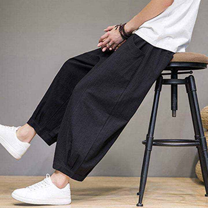 Buddha Stones Proste bawełniane męskie spodnie Capri Harem z kieszeniami - image 25