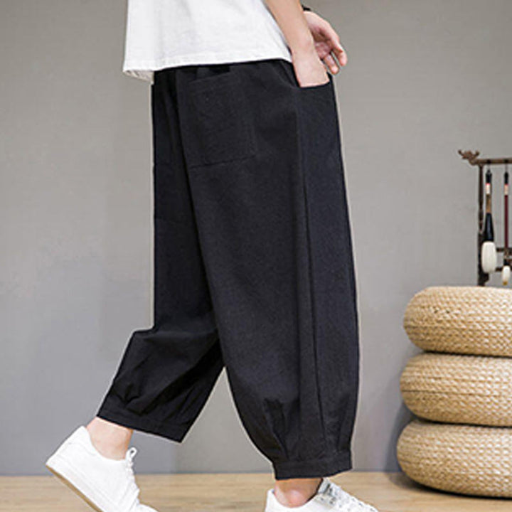 Buddha Stones Proste bawełniane męskie spodnie Capri Harem z kieszeniami - image 23